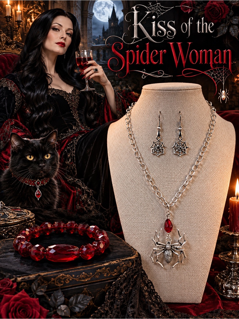 Silver and Red Spider Themed Jewelry Set